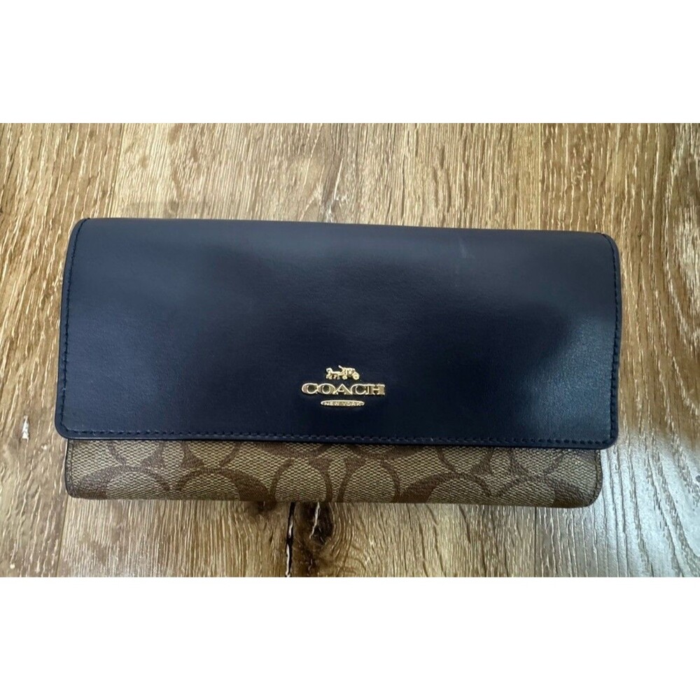 Coach Trifold Wallet In Signature Canvas in Khaki Midnight